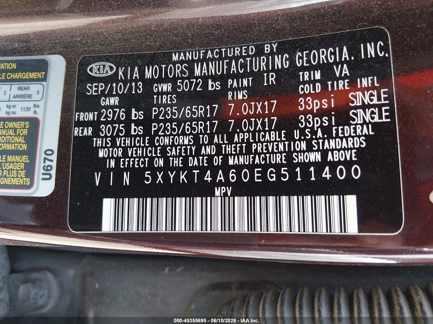 2014 Kia Sorento VIN 5XYKT4A60EG511400 IAAI salvage auction — NORMAL WEAR, Original (Texas), sold $1,175 on 2026-07-07 (photo 9)