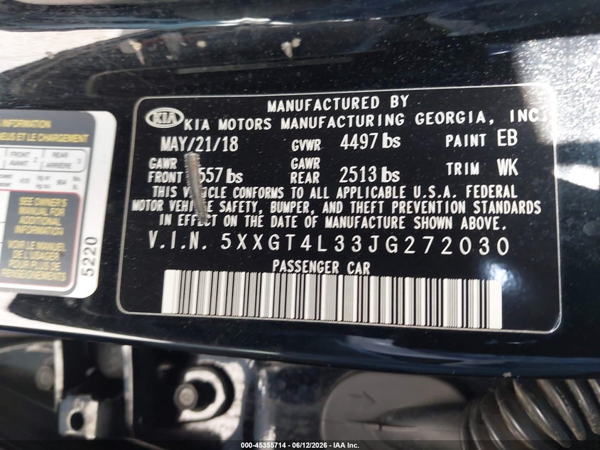2018 Kia Optima VIN 5XXGT4L33JG272030 IAAI salvage auction — FRONT END, Salvage Title, sold $25 on 2026-07-30 (photo 9)