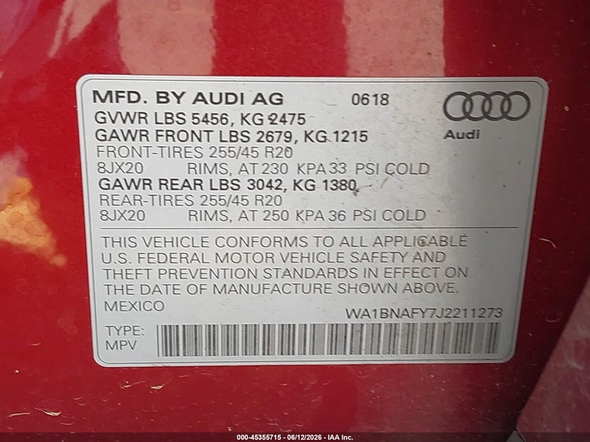 2018 Audi Q5 VIN WA1BNAFY7J2211273 IAAI salvage auction — FRONT END, Salvage (Oregon), sold $8,200 on 2026-07-23 (photo 9)