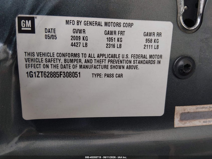 2005 Chevrolet Malibu VIN 1G1ZT62885F308051 IAAI salvage auction — FRONT & REAR, Salvage (Kentucky), sold $250 on 2026-07-09 (photo 9)