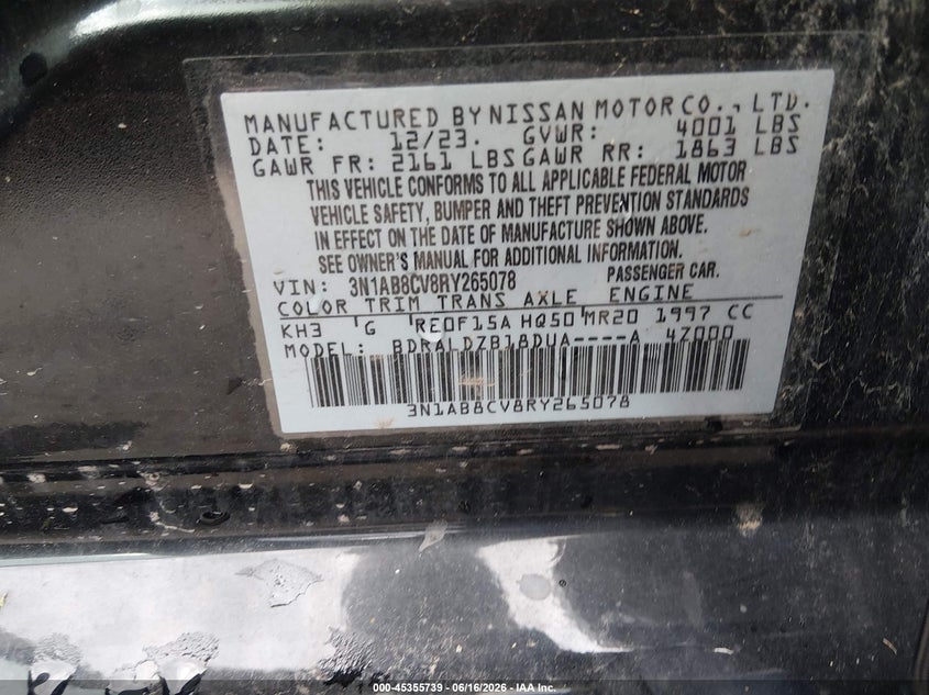 2024 Nissan Sentra VIN 3N1AB8CV8RY265078 IAAI salvage auction — LEFT SIDE, Salvage (Ohio), sold $3,325 on 2026-08-03 (photo 9)