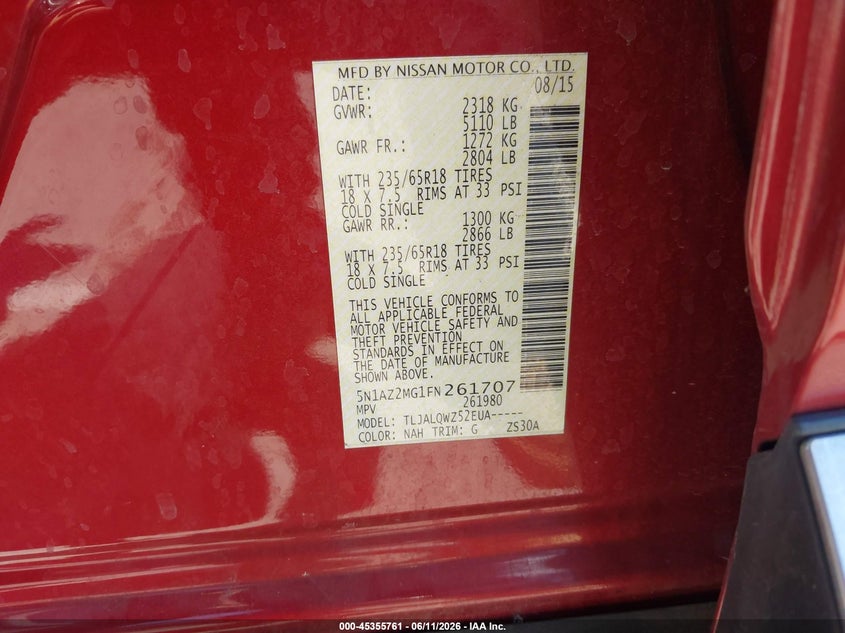 2015 Nissan Murano VIN 5N1AZ2MG1FN261707 IAAI salvage auction — FRONT END, Salvage (California), sold $1,550 on 2026-07-09 (photo 9)