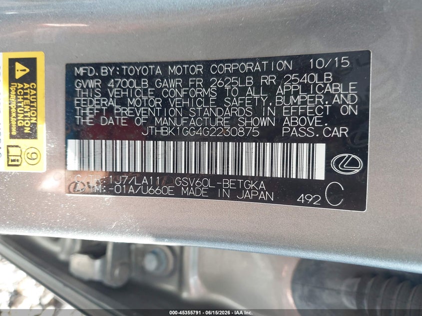 2016 Lexus ES VIN JTHBK1GG4G2230875 IAAI salvage auction — FRONT END, Salvage Title, sold $5,650 on 2026-07-18 (photo 9)