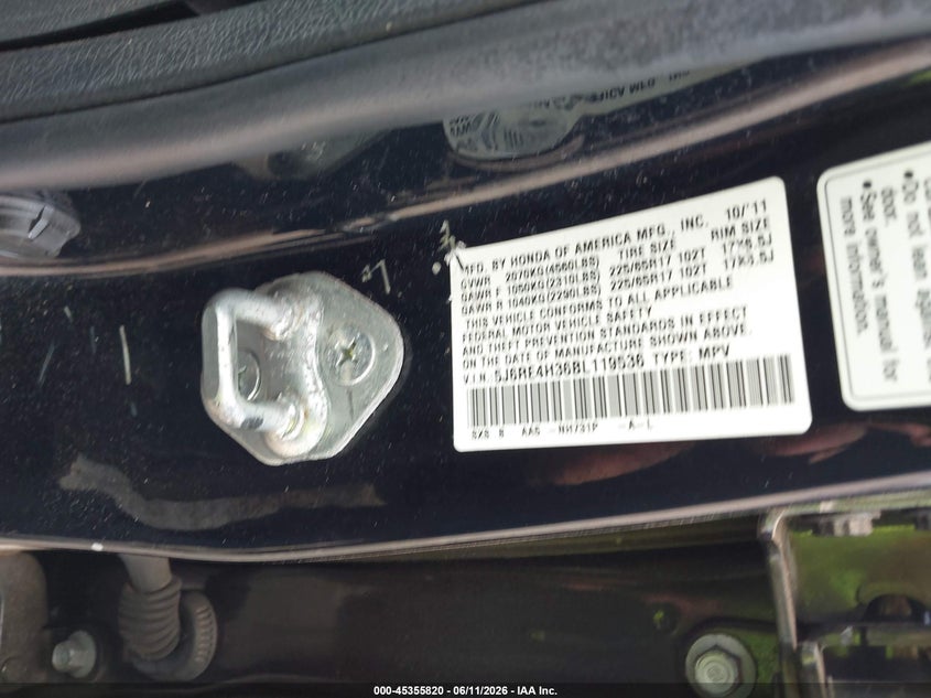 2011 Honda Cr-v VIN 5J6RE4H36BL119536 IAAI salvage auction — FRONT & REAR, Clear (Oklahoma), sold $25 on 2026-07-29 (photo 9)