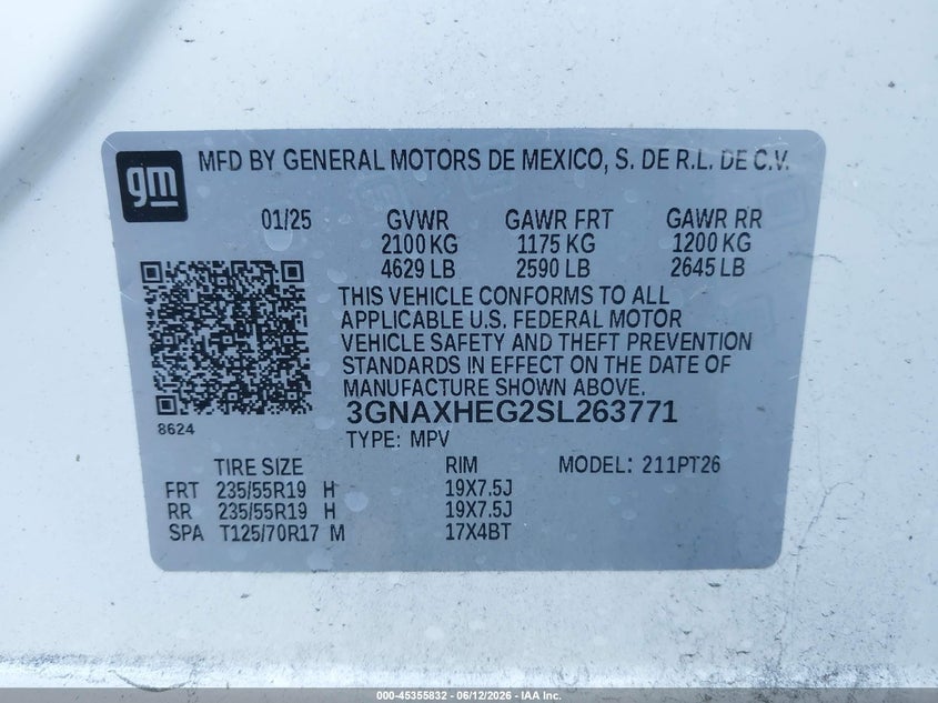 2025 Chevrolet Equinox VIN 3GNAXHEG2SL263771 IAAI salvage auction — LEFT REAR, Salvage Title, sold $6,600 on 2026-07-25 (photo 9)