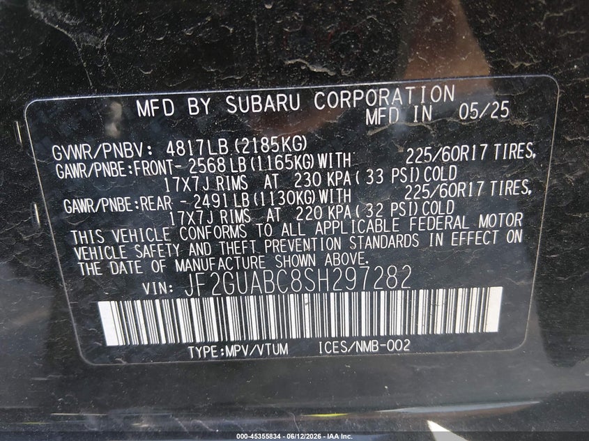 2025 Subaru Xv VIN JF2GUABC8SH297282 IAAI salvage auction — RIGHT FRONT, Salvage (Colorado), sold $6,600 on 2026-08-01 (photo 9)