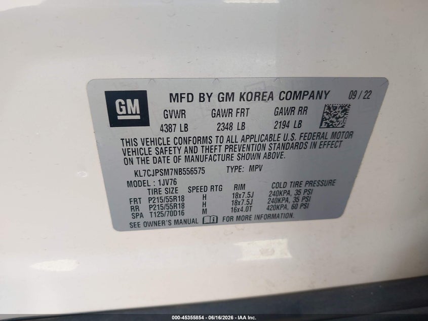 2022 Chevrolet Trax VIN KL7CJPSM7NB556575 IAAI salvage auction — REAR END, Salvage (Arizona), sold $4,950 on 2026-07-14 (photo 9)