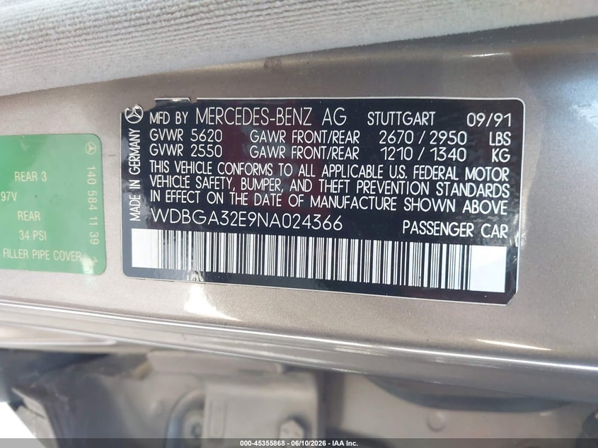 1992 Mercedes-benz 300 VIN WDBGA32E9NA024366 IAAI salvage auction — NORMAL WEAR, Clear - Dealer Only (California), sold $350 on 2026-07-09 (photo 9)