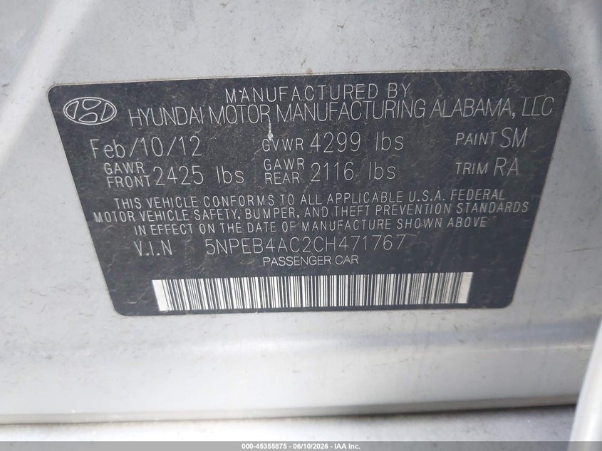 2012 Hyundai Sonata VIN 5NPEB4AC2CH471767 IAAI salvage auction — NORMAL WEAR, Clear - Public Restricted (Oklahoma), sold $275 on 2026-07-20 (photo 9)