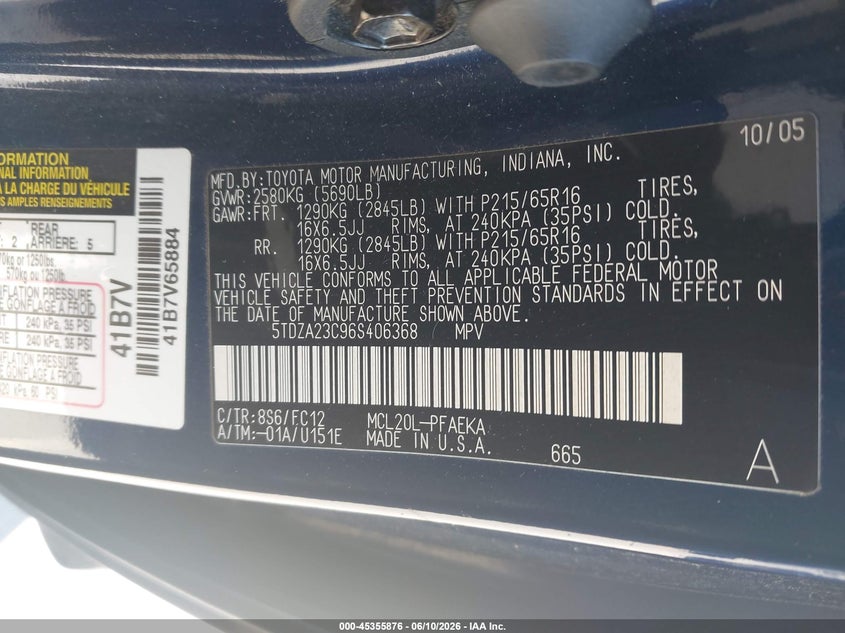 2006 Toyota Sienna VIN 5TDZA23C96S406368 IAAI salvage auction — NORMAL WEAR, Clear - Dealer Only (California), sold $625 on 2026-07-06 (photo 9)