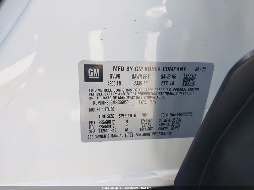 2021 Chevrolet Trailblazer VIN KL79MPSL6MB056950 IAAI salvage auction — REAR END, Salvage (California), sold $4,950 on 2026-07-20 (photo 9)