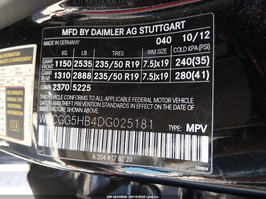 2013 Mercedes-benz Glk-klasse VIN WDCGG5HB4DG025181 IAAI salvage auction — SIDE, Salvage Title, sold $3,050 on 2026-07-16 (photo 9)