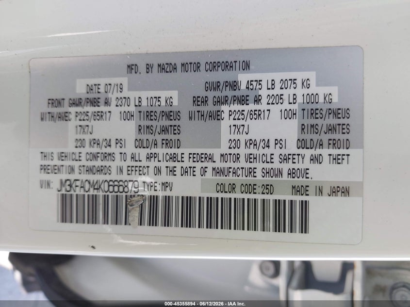 2019 Mazda Cx-5 VIN JM3KFACM4K0666879 IAAI salvage auction — FRONT & REAR, Salvage (California), sold $4,500 on 2026-07-08 (photo 9)