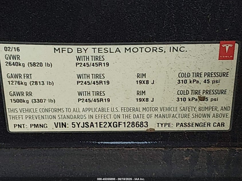 2016 Tesla Model s VIN 5YJSA1E2XGF128683 IAAI salvage auction — LEFT FRONT, Salvage Title, sold $3,100 on 2026-07-23 (photo 9)