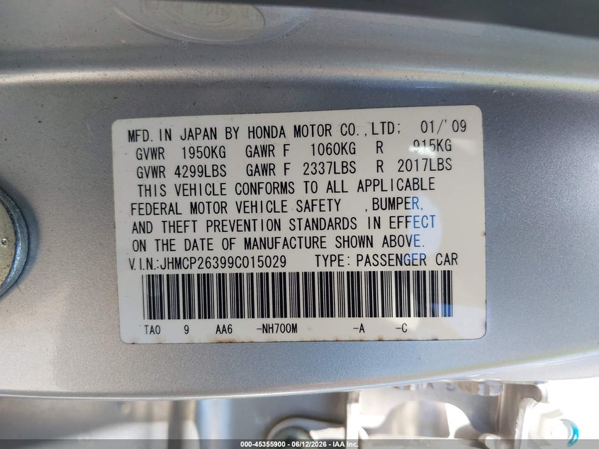 2009 Honda Accord VIN JHMCP26399C015029 IAAI salvage auction — FRONT END, Bill Of Sale (Washington), sold $1,975 on 2026-07-15 (photo 9)