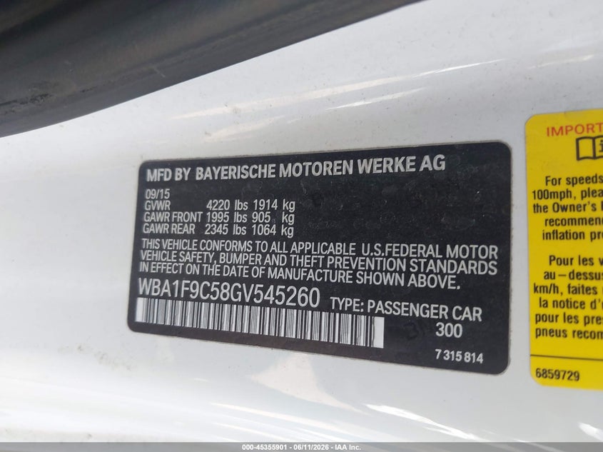 2016 BMW 2er VIN WBA1F9C58GV545260 IAAI salvage auction — FRONT END, Salvage Title, sold $2,250 on 2026-07-21 (photo 9)