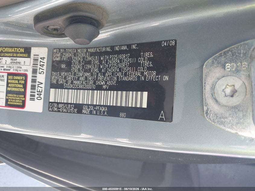 2008 Toyota Sienna VIN 5TDZK22C88S200010 IAAI salvage auction — RIGHT FRONT, Clear - Dealer Only (California), sold $1,275 on 2026-07-20 (photo 9)