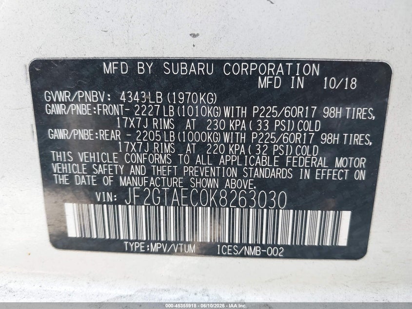 2019 Subaru Xv VIN JF2GTAEC0K8263030 IAAI salvage auction — FRONT END, Salvage Title, sold $3,800 on 2026-07-22 (photo 9)