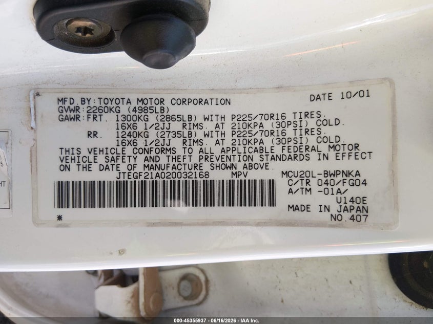 2002 Toyota Highlander VIN JTEGF21A020032168 IAAI salvage auction — RIGHT SIDE, Salvage (New Mexico), sold $500 on 2026-07-06 (photo 9)