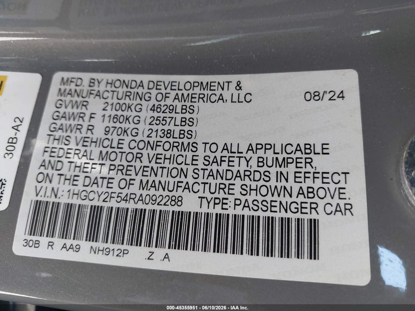 2024 Honda Accord VIN 1HGCY2F54RA092288 IAAI salvage auction — REAR END, Salvage Title, sold $11,100 on 2026-07-27 (photo 9)