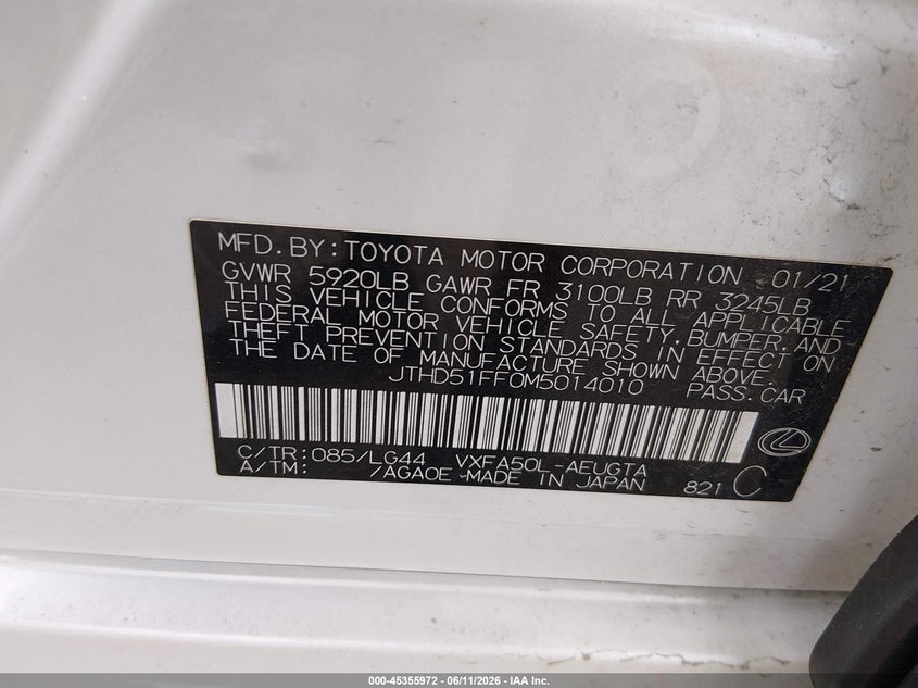 2021 Lexus Ls VIN JTHD51FF0M5014010 IAAI salvage auction — FRONT & REAR, Original (Texas), sold $23,100 on 2026-08-17 (photo 9)