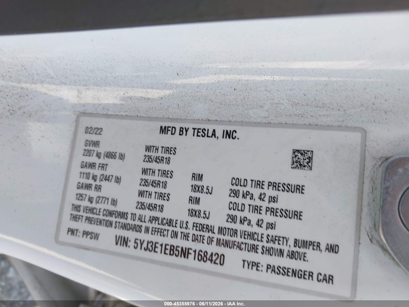 2022 Tesla Model 3 VIN 5YJ3E1EB5NF168420 IAAI salvage auction — FRONT END, Salvage (California), sold $4,300 on 2026-08-02 (photo 9)