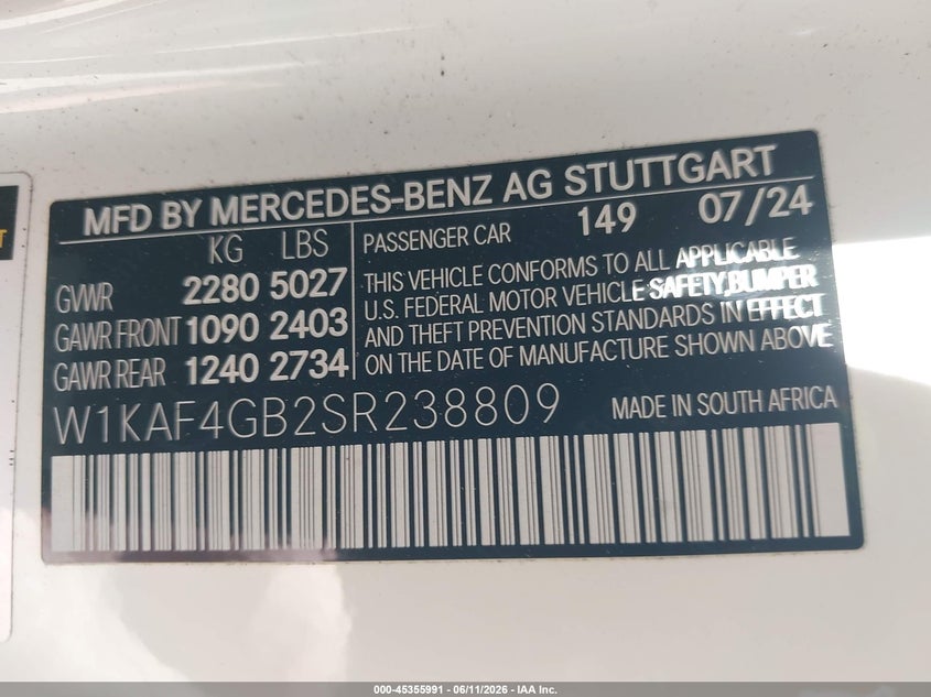 2025 Mercedes-benz VIN W1KAF4GB2SR238809 IAAI salvage auction — REAR END, Salvage (California), sold $20,900 on 2026-07-10 (photo 9)