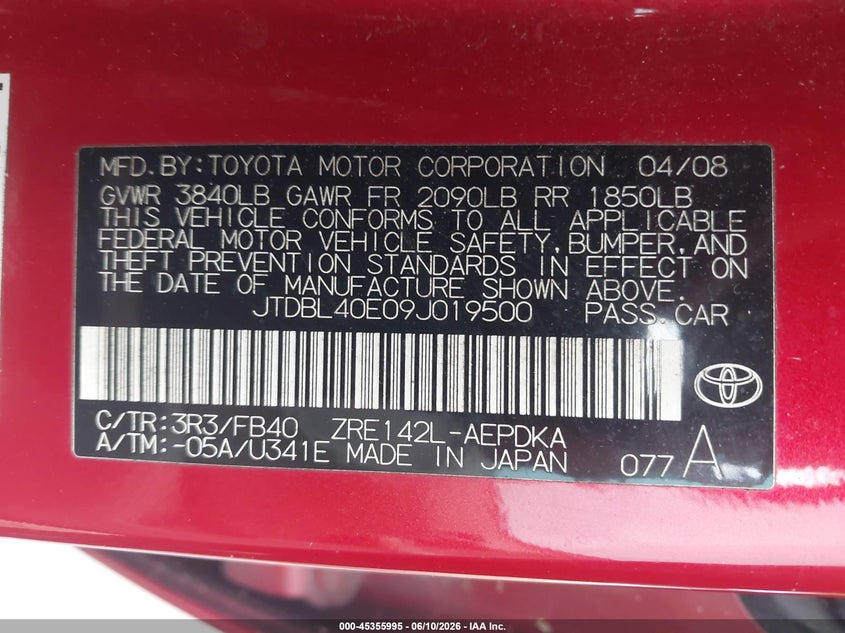 2009 Toyota Corolla VIN JTDBL40E09J019500 IAAI salvage auction — NORMAL WEAR, Clear (Tennessee), sold $1,350 on 2026-07-15 (photo 9)