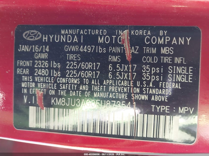 2014 Hyundai Tucson VIN KM8JU3AG0EU873541 IAAI salvage auction — NORMAL WEAR, Restored (Arizona), sold $1,050 on 2026-07-14 (photo 9)