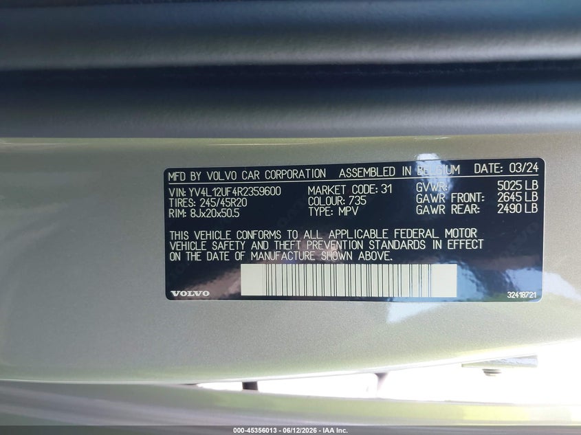 2024 Volvo Xc40 VIN YV4L12UF4R2359600 IAAI salvage auction — REAR END, Salvage Title, sold $8,600 on 2026-07-24 (photo 9)