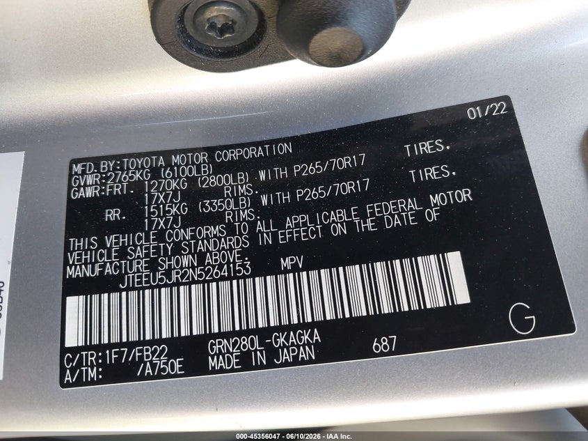 2022 Toyota 4runner VIN JTEEU5JR2N5264153 IAAI salvage auction — RIGHT FRONT, Salvage Title, sold $11,000 on 2026-07-10 (photo 9)