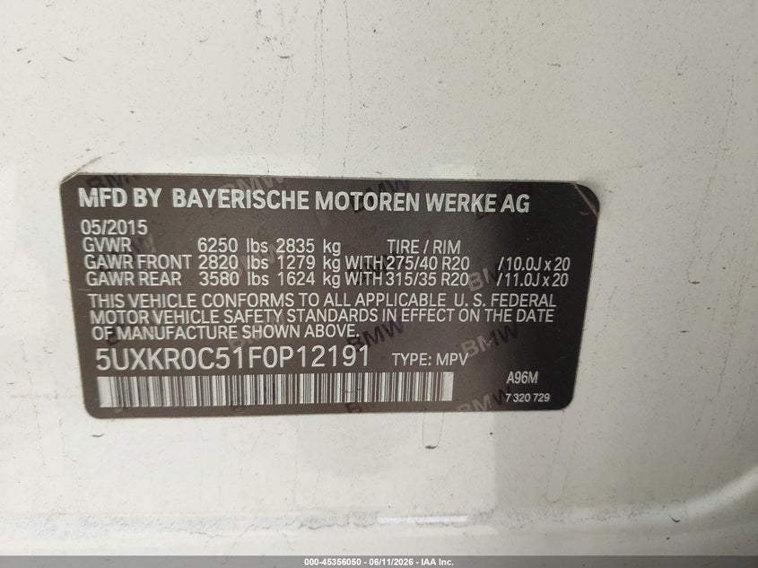 2015 BMW X5 VIN 5UXKR0C51F0P12191 IAAI salvage auction — REAR END, Salvage (California), sold $5,500 on 2026-07-05 (photo 9)