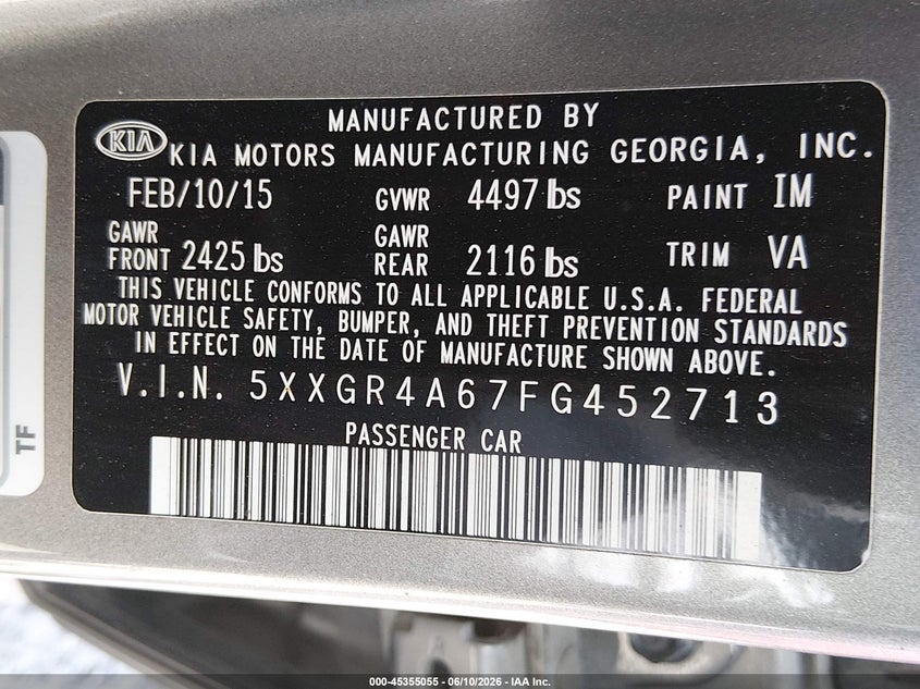 2015 Kia Optima VIN 5XXGR4A67FG452713 IAAI salvage auction — NORMAL WEAR, Clear (Washington), sold $725 on 2026-07-15 (photo 9)