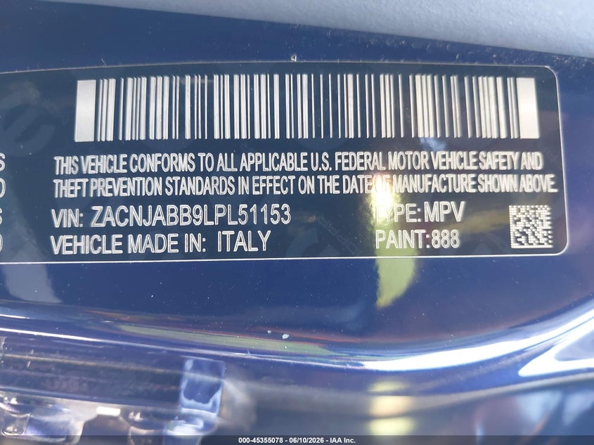 2020 Jeep Renegade VIN ZACNJABB9LPL51153 IAAI salvage auction — FRONT & REAR, Salvage Title, sold $2,600 on 2026-07-15 (photo 9)