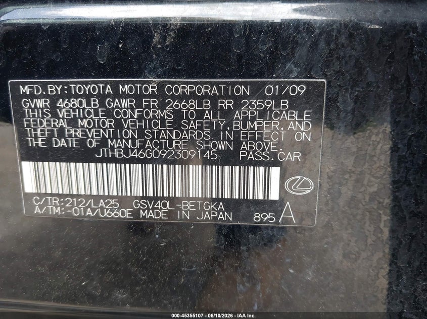 2009 Lexus Es 350 VIN JTHBJ46G092309145 IAAI salvage auction — FRONT END, Salvage (Texas), sold $1,050 on 2026-07-15 (photo 9)