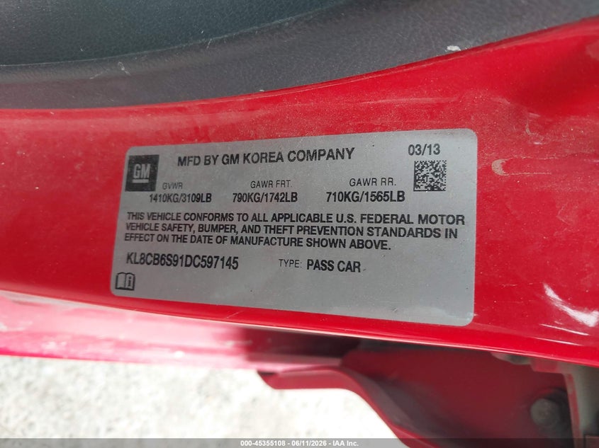 2013 Chevrolet Spark VIN KL8CB6S91DC597145 IAAI salvage auction — FRONT END, Junk (Oklahoma), sold $350 on 2026-07-14 (photo 9)