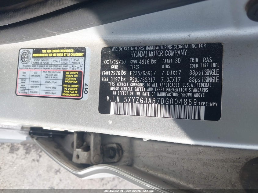 2011 Hyundai Santa fe VIN 5XYZG3AB7BG004869 IAAI salvage auction — HAIL, Repossessed (Missouri), sold $750 on 2026-07-14 (photo 9)
