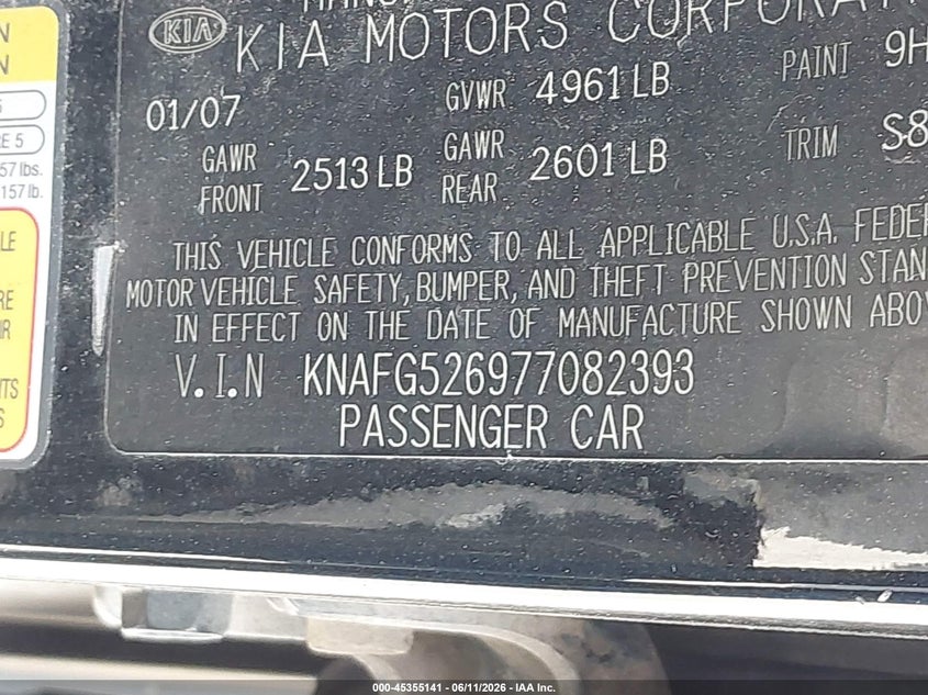 2007 Kia Rondo VIN KNAFG526977082393 IAAI salvage auction — NORMAL WEAR, Original (Texas), sold $300 on 2026-07-14 (photo 9)