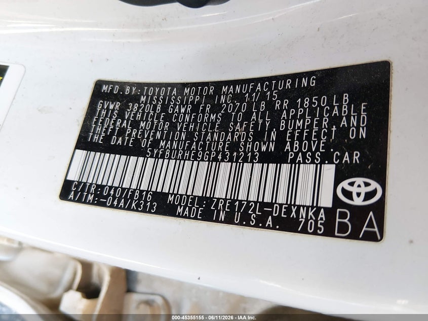 2016 Toyota Corolla VIN 5YFBURHE9GP431213 IAAI salvage auction — FRONT END, Salvage (Mississippi), sold $1,800 on 2026-07-08 (photo 9)
