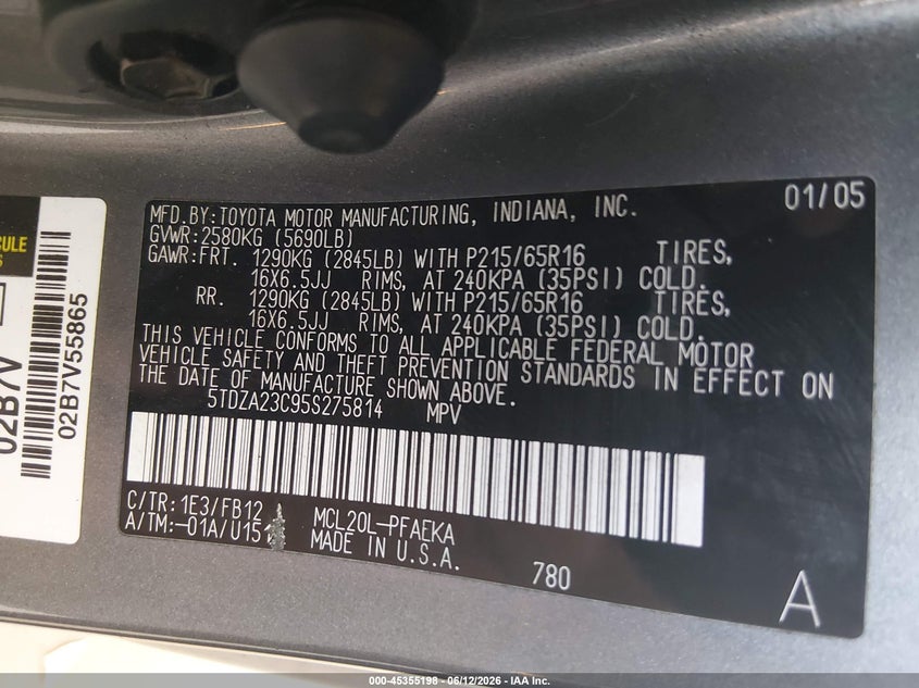 2005 Toyota Sienna VIN 5TDZA23C95S275814 IAAI salvage auction — FRONT END, Bill Of Sale (Washington), sold $325 on 2026-07-22 (photo 9)