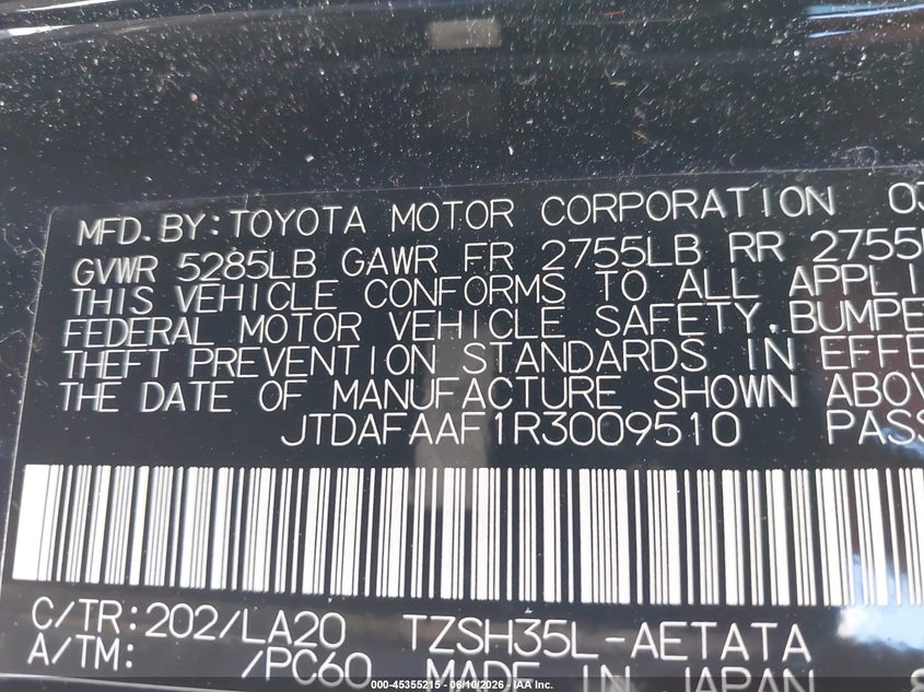2024 Toyota Crown VIN JTDAFAAF1R3009510 IAAI salvage auction — REAR END, Salvage (California), sold $16,900 on 2026-07-13 (photo 9)