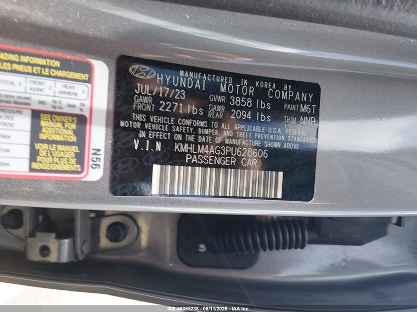 2023 Hyundai Elantra VIN KMHLM4AG3PU628606 IAAI salvage auction — LEFT FRONT, Certificate Of Destruction (Florida), sold $4,000 on 2026-07-30 (photo 9)