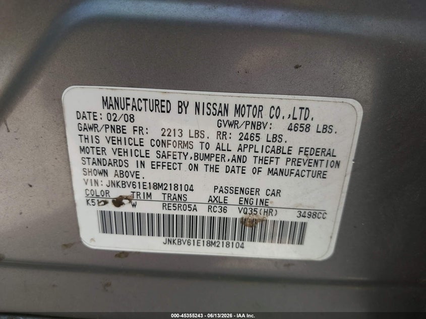 2008 Infiniti G35 VIN JNKBV61E18M218104 IAAI salvage auction — FRONT END, Salvage (Texas), sold $450 on 2026-07-15 (photo 9)