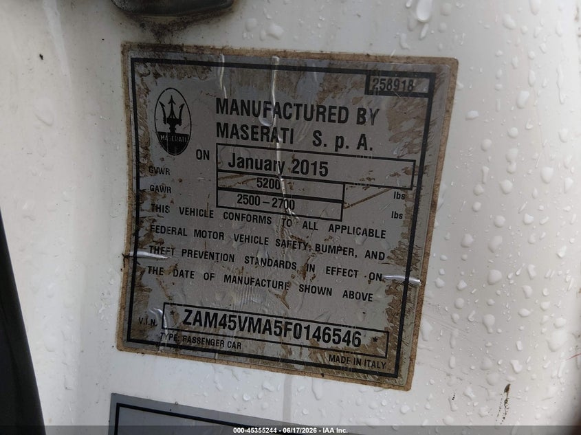 2015 Maserati Granturismo VIN ZAM45VMA5F0146546 IAAI salvage auction — FRONT END, Salvage (South Carolina), sold $3,650 on 2026-07-08 (photo 9)