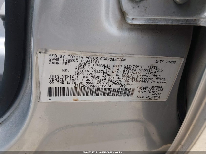 2003 Toyota Rav 4 VIN JTEGH20VX30089574 IAAI salvage auction — NORMAL WEAR, Clear (Illinois), sold $600 on 2026-07-22 (photo 9)