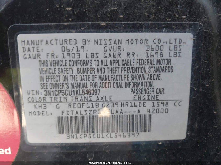 2019 Nissan Kicks VIN 3N1CP5CU1KL546397 IAAI salvage auction — UNKNOWN, Salvage Title, sold $2,850 on 2026-07-23 (photo 9)
