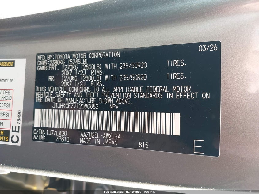 2026 Lexus Nx VIN JTJHKCEZ2T2080882 IAAI salvage auction — FRONT END, Salvage Title, sold $3,550 on 2026-07-24 (photo 9)