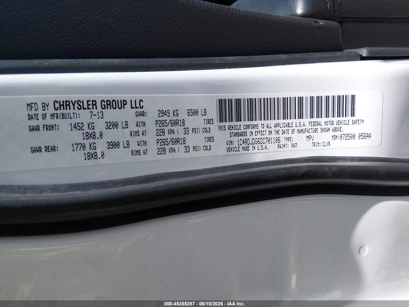 2013 Dodge Durango VIN 1C4RDJDG6DC701106 IAAI salvage auction — FRONT END, Salvage (Utah), sold $450 on 2026-07-09 (photo 9)