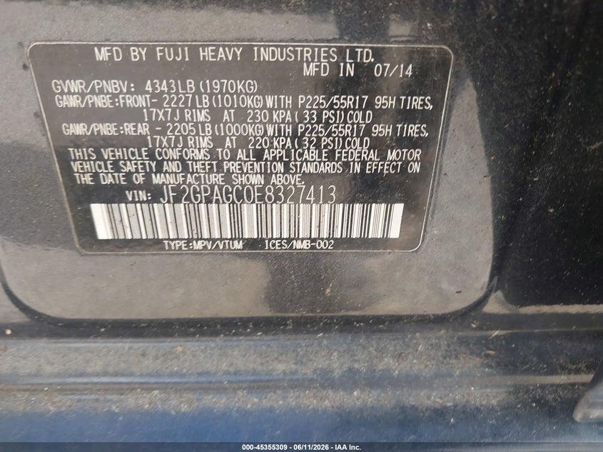 2014 Subaru Xv VIN JF2GPAGC0E8327413 IAAI salvage auction — NORMAL WEAR, Original (Texas), sold $625 on 2026-07-08 (photo 9)