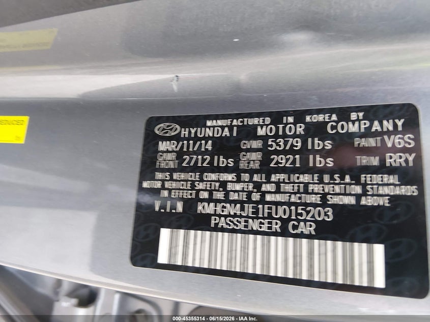 2015 Hyundai Genesis VIN KMHGN4JE1FU015203 IAAI salvage auction — FRONT END, Salvage (Oklahoma), sold $1,400 on 2026-07-05 (photo 9)